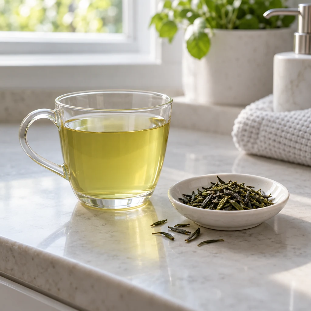 Plain brewed green tea in a cup with loose green tea leaves