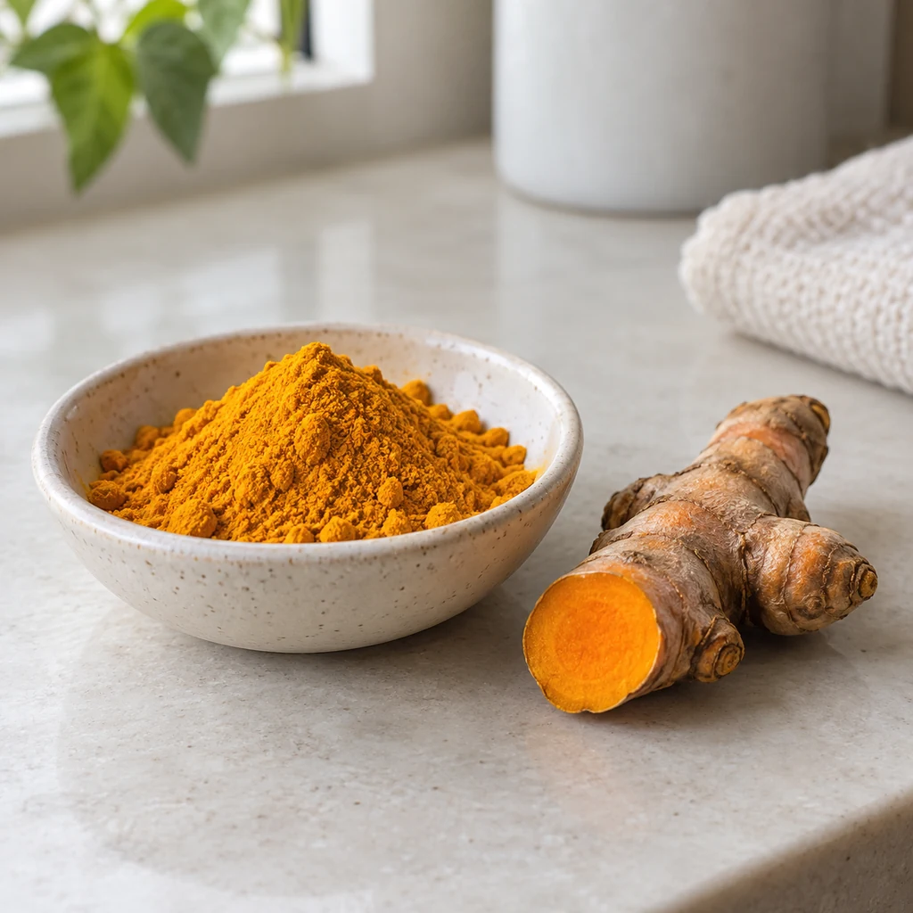 Ground turmeric in a small bowl beside turmeric root