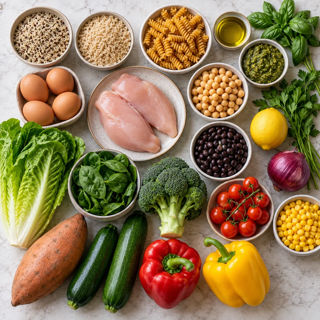 Quinoa, chicken, brown rice, eggs, vegetables, beans, gluten-free pasta, pesto, and meal prep ingredients