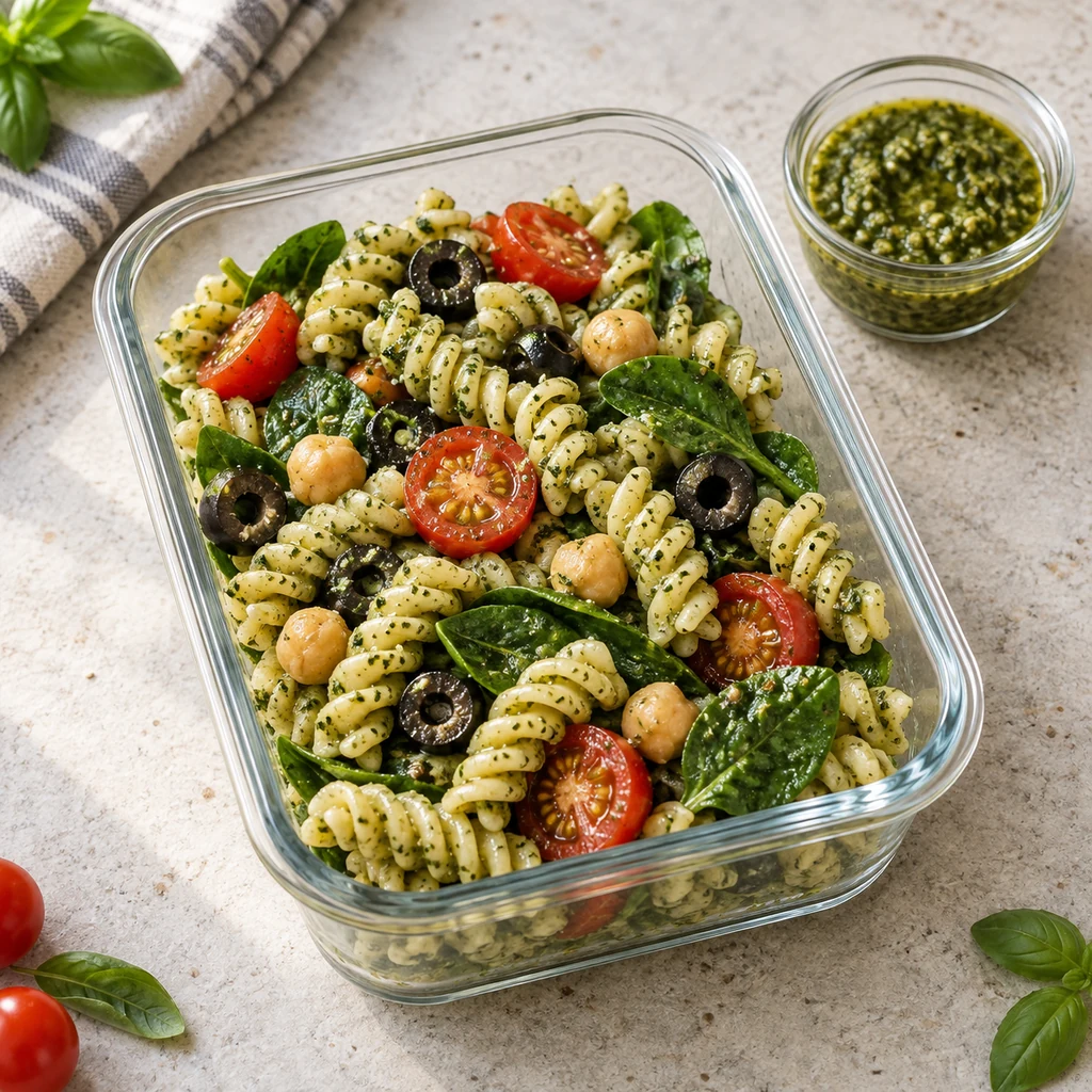 Gluten-free pesto pasta meal prep with cherry tomatoes, spinach, olives, and basil