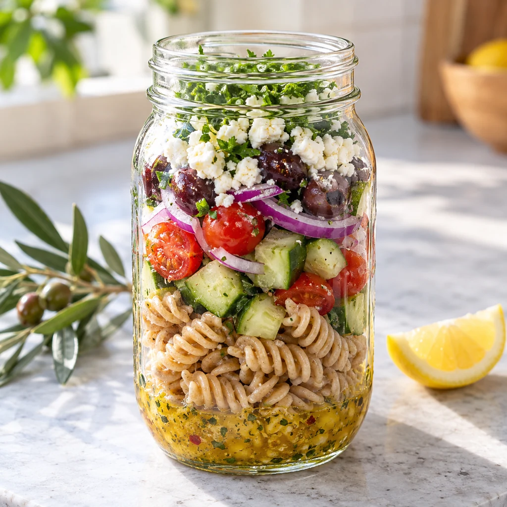 Greek whole-grain pasta mason jar salad with cucumber tomatoes olives and feta