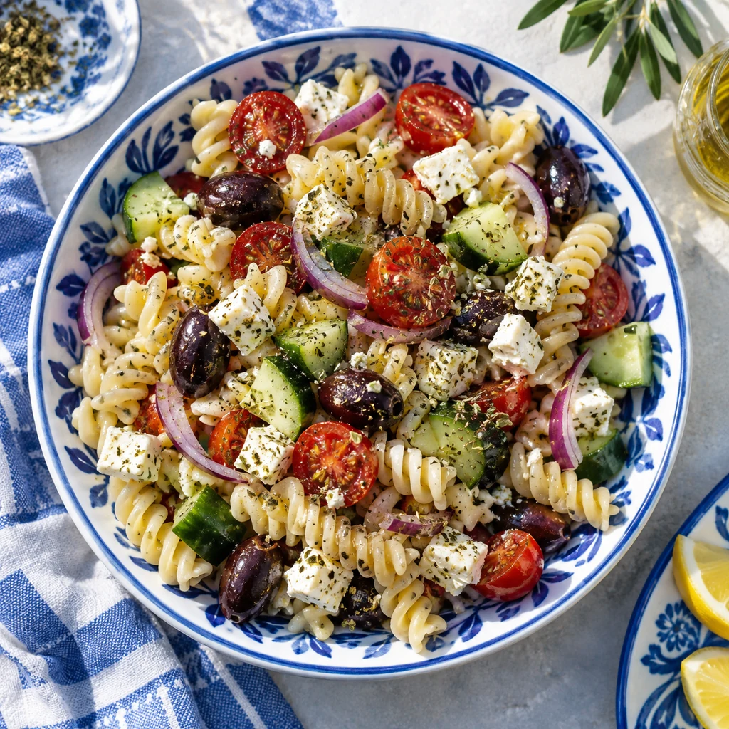 Greek fusilli pasta salad with cucumber, tomatoes, olives, red onion, feta, and oregano.