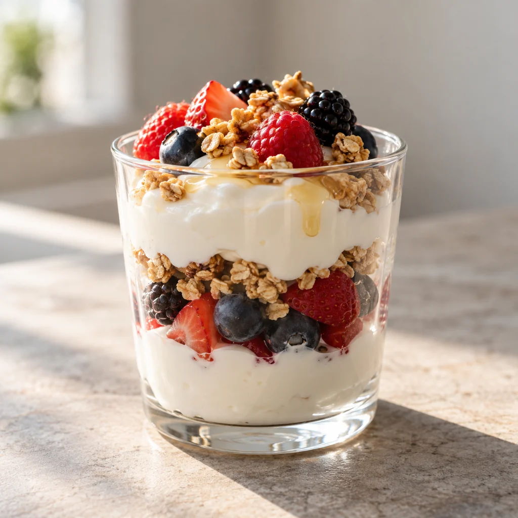 Greek yogurt parfait layered with berries and granola