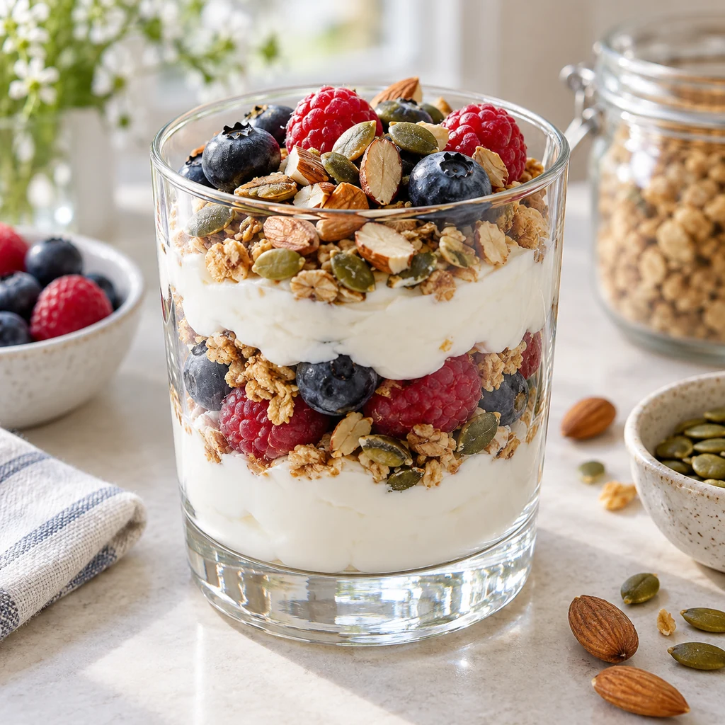 Greek yogurt parfait with berries, granola, almonds, and pumpkin seeds.