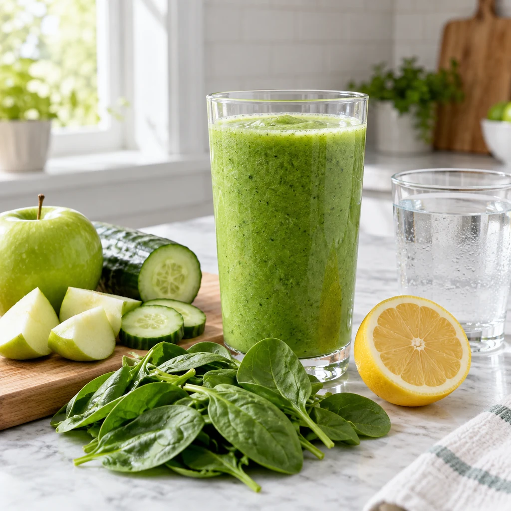 Green apple cucumber smoothie with spinach lemon and cold water