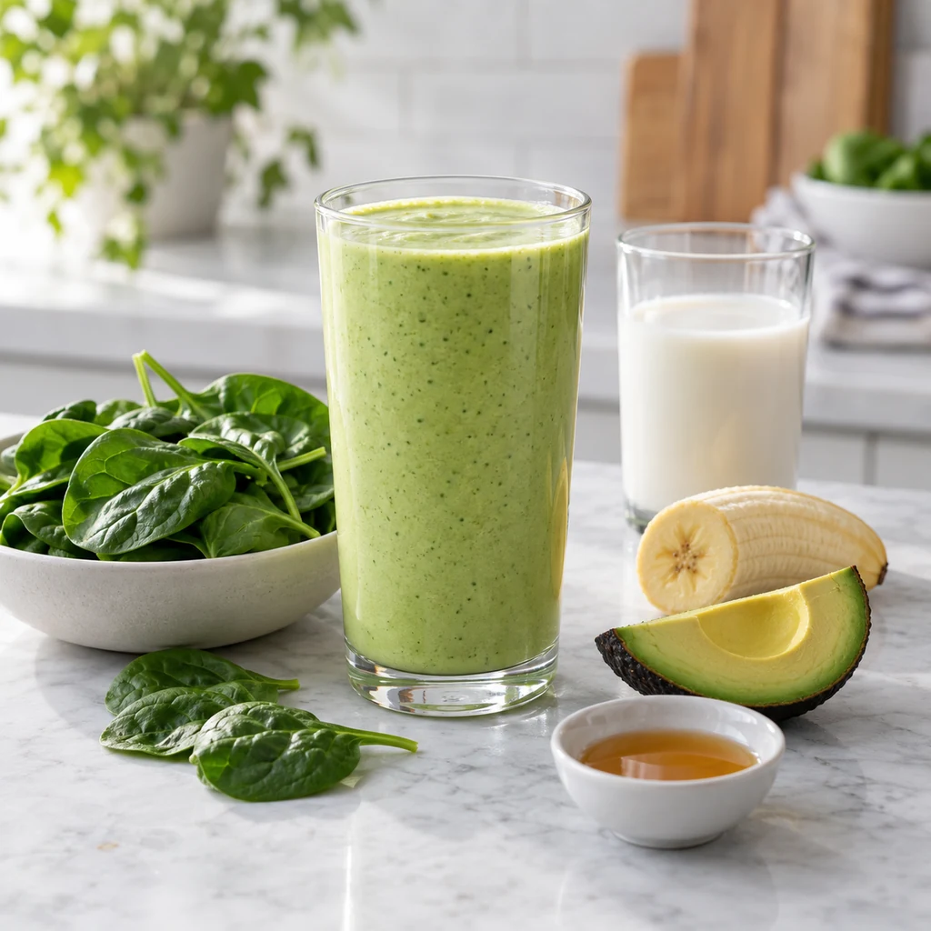 Creamy avocado green smoothie with spinach banana almond milk and honey
