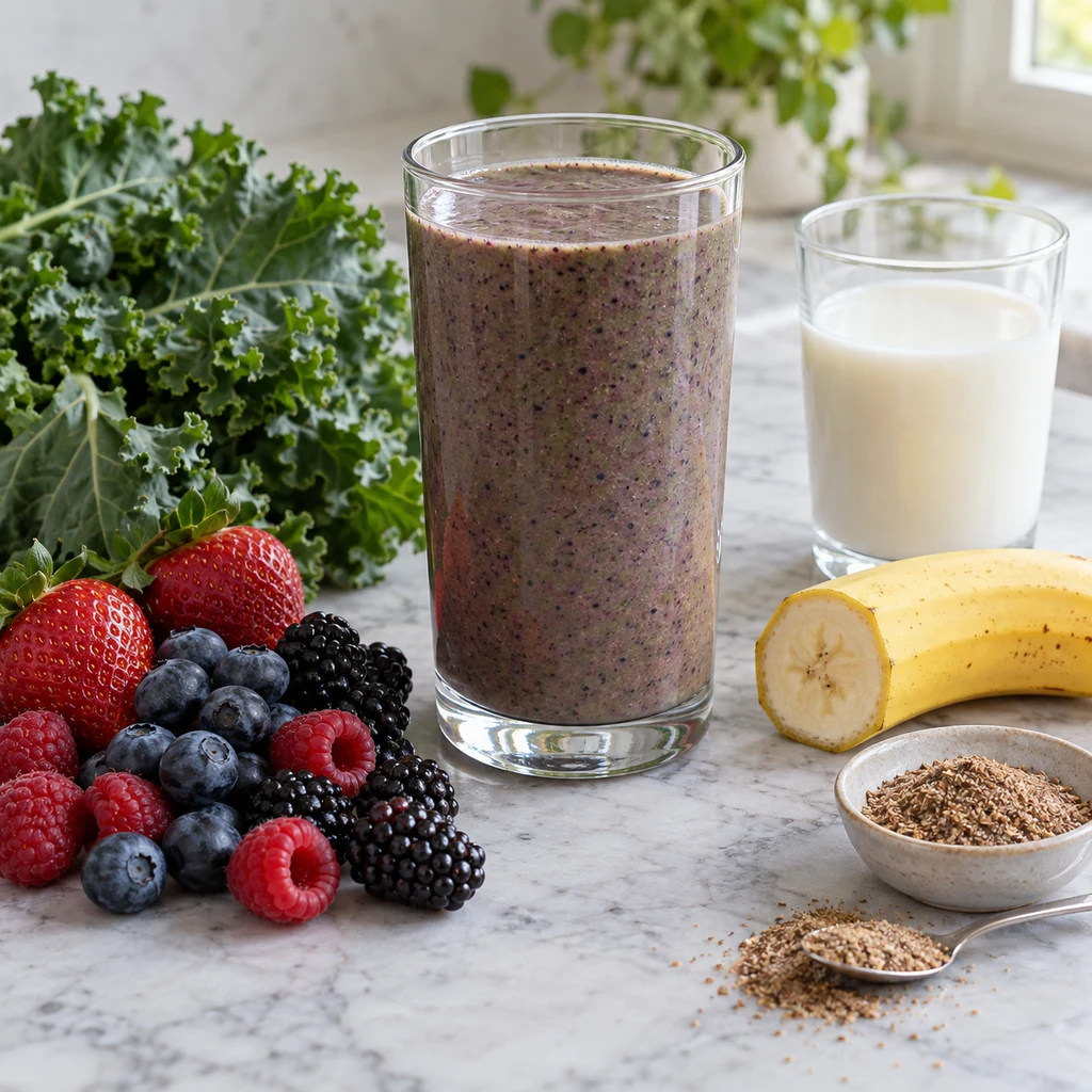 Berry kale smoothie with mixed berries banana milk and ground flaxseed