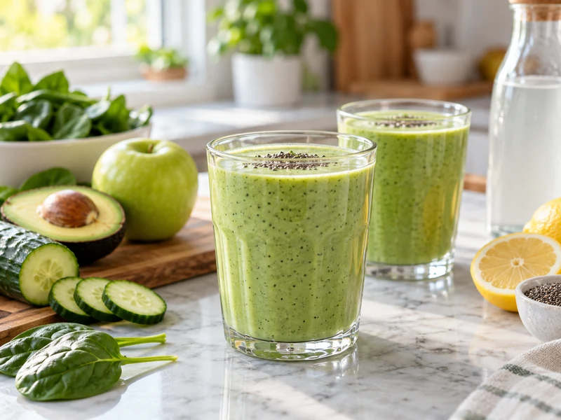 Two glasses of green apple, spinach, cucumber, and avocado smoothie