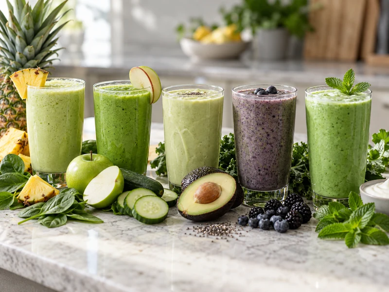 Five distinct green smoothie recipes with fresh fruit and leafy greens