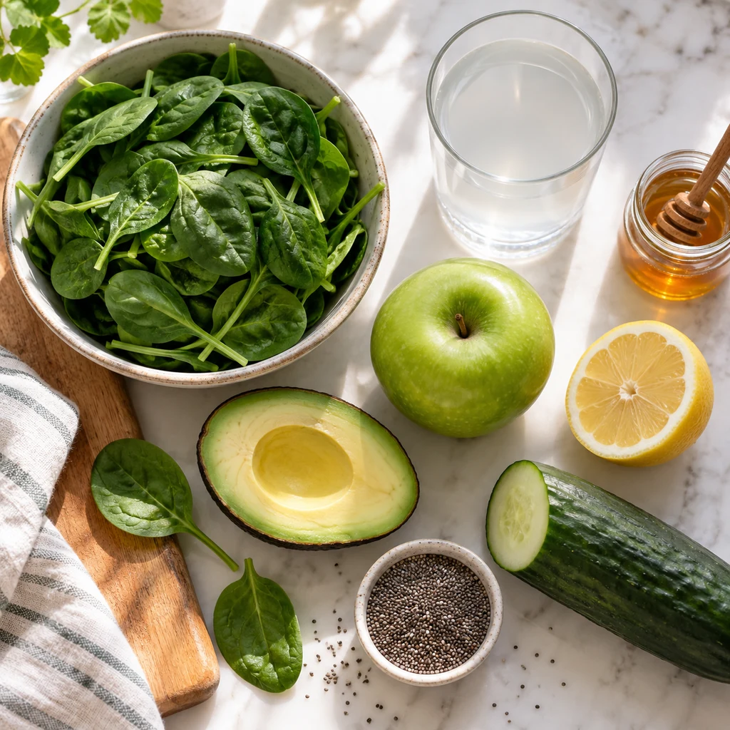 Spinach, avocado, cucumber, green apple, chia seeds, lemon, coconut water, and honey arranged for a green smoothie