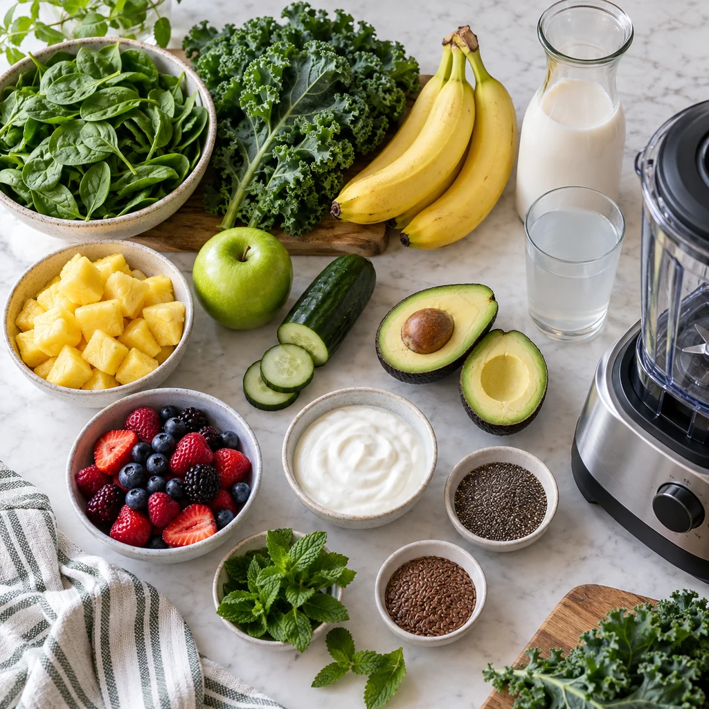 Leafy greens fruit seeds yogurt milk and a blender for green smoothies