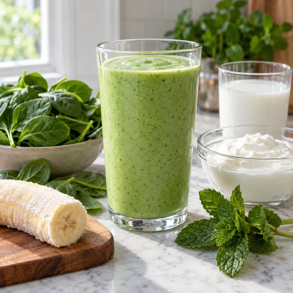 Minty green protein smoothie with spinach banana yogurt milk and fresh mint