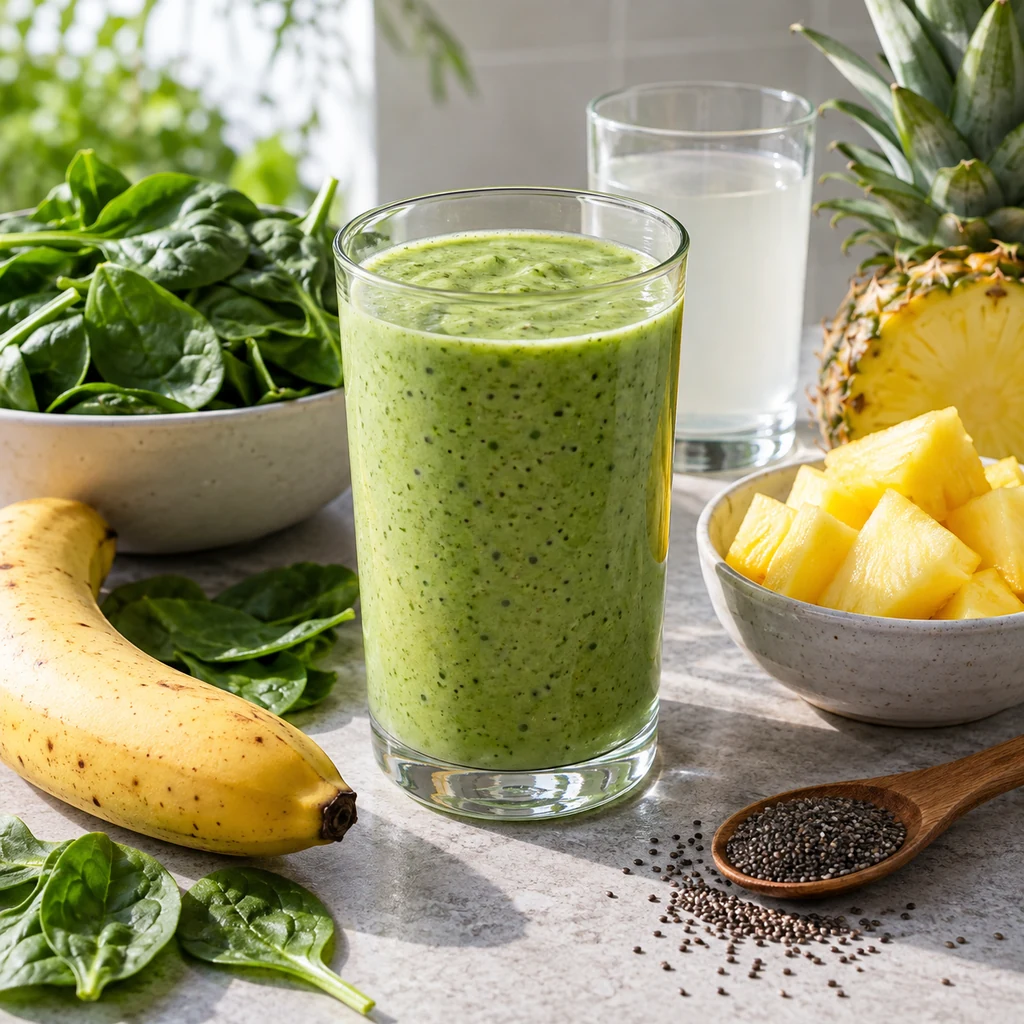 Tropical spinach smoothie with banana pineapple coconut water and chia seeds