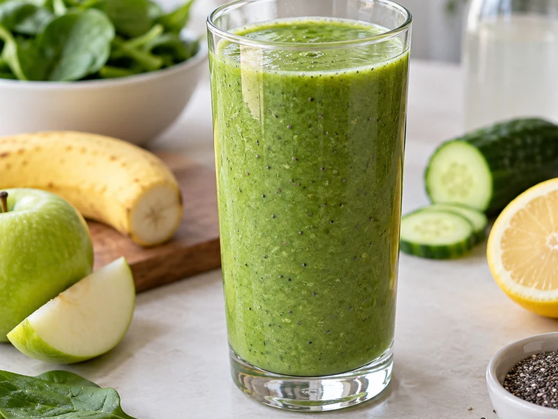 Green spinach smoothie with tiny chia specks in a clear glass beside banana, apple, cucumber, and lemon