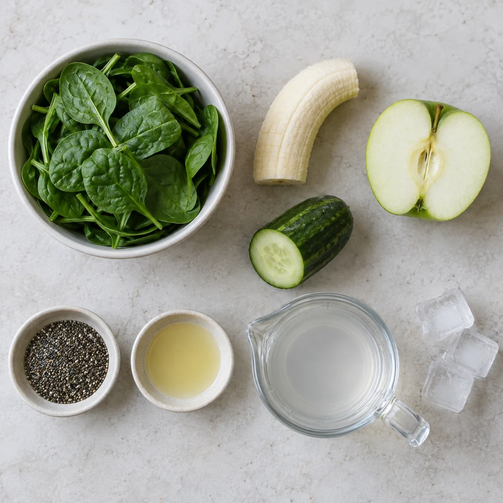 Fresh spinach, half a banana, half a green apple, half a cucumber, chia seeds, lemon juice, coconut water, and optional ice arranged for a smoothie