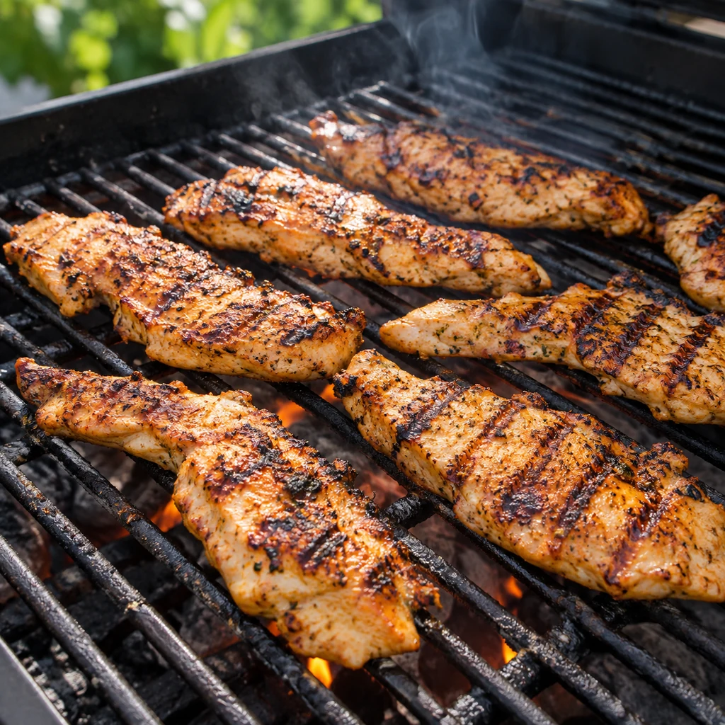 Spice-coated chicken breast strips cooking on a hot grill
