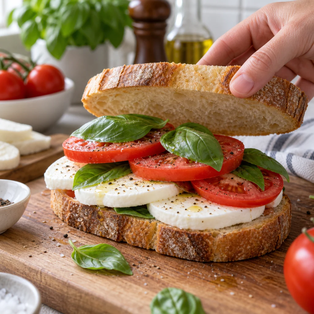Caprese sandwich assembled with mozzarella tomato and basil