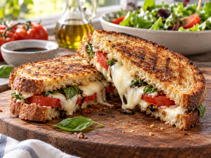 Grilled Caprese sandwich with melted mozzarella tomato basil and balsamic glaze