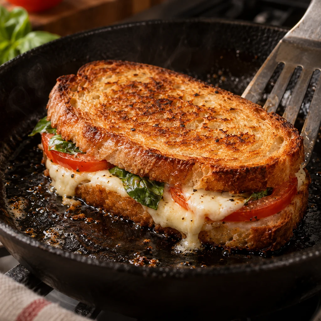 Caprese sandwich grilling in a skillet until golden and melted