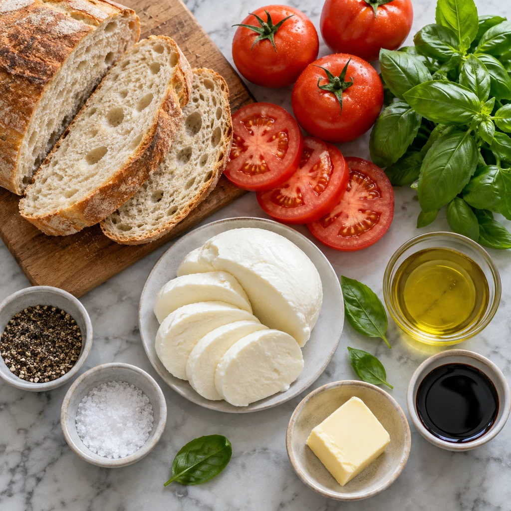 Caprese sandwich ingredients with bread mozzarella tomatoes basil olive oil butter and balsamic