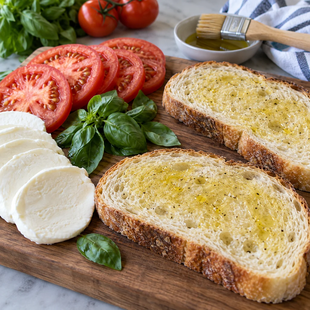 Bread slices brushed with olive oil beside tomato mozzarella and basil
