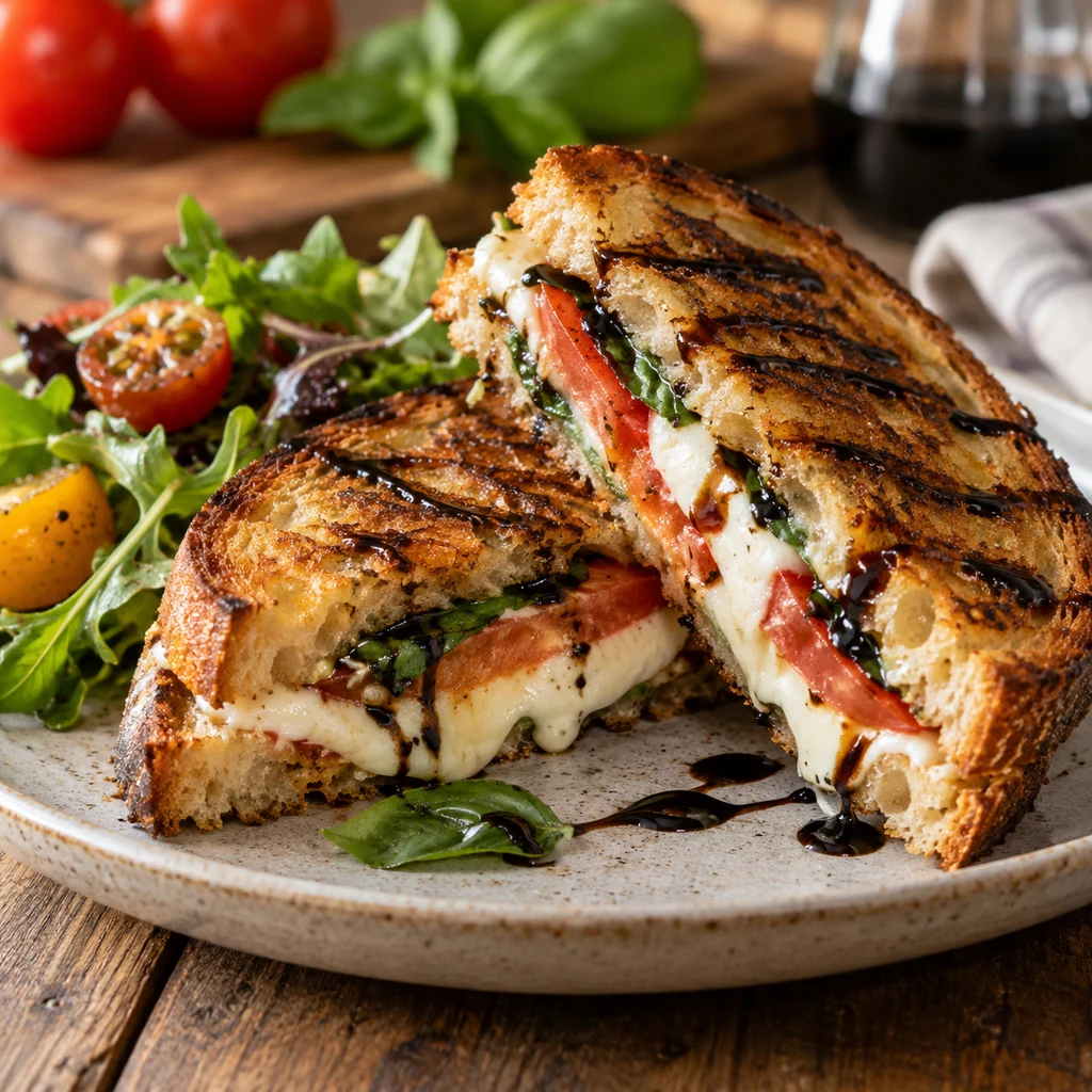 Finished grilled Caprese sandwich served with salad and balsamic glaze