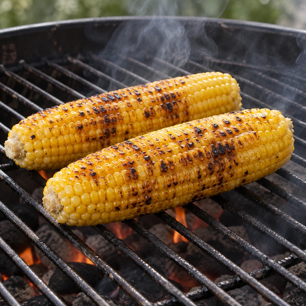 Two ears of corn developing golden char marks on a clean outdoor grill