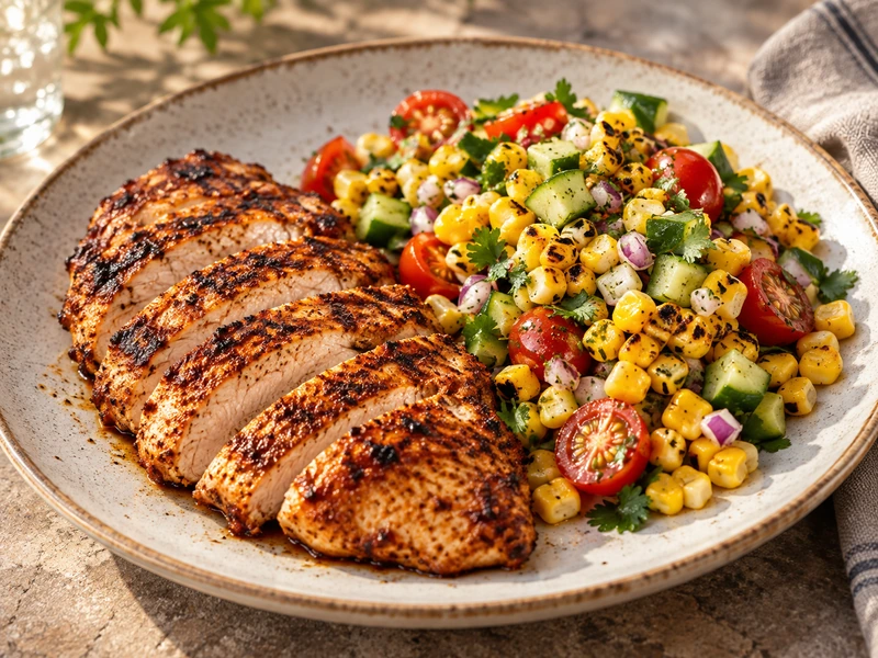Sliced paprika grilled chicken served with charred corn, tomato, cucumber, red onion, and cilantro salad