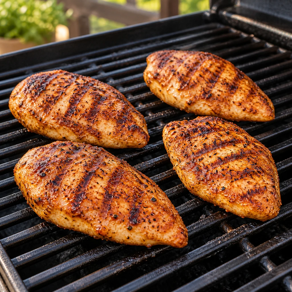 Four paprika-seasoned chicken cutlets with golden grill marks cooking evenly on a grill