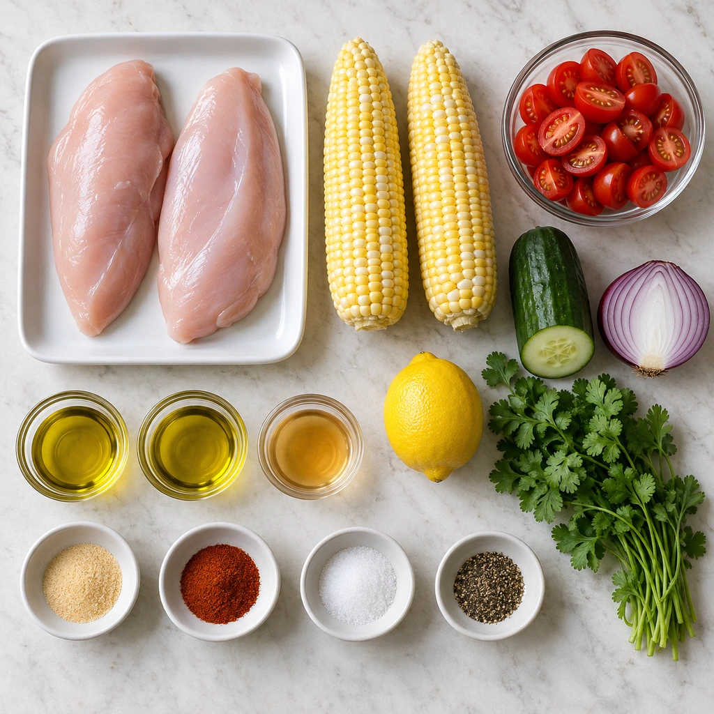 Chicken breasts, corn, tomatoes, cucumber, red onion, cilantro, lemon, spices, olive oil, and cider vinegar arranged for the recipe