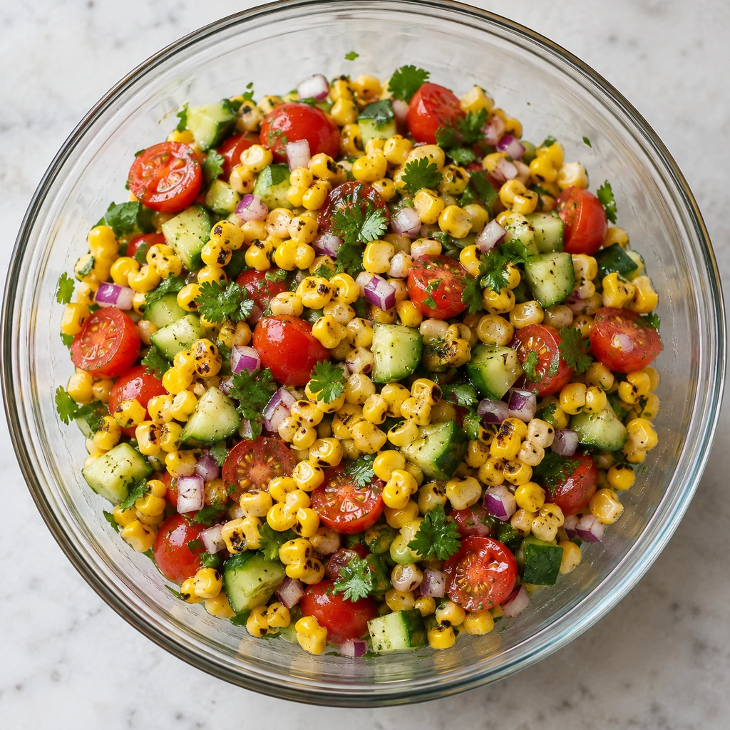 Grilled corn kernels, cherry tomatoes, cucumber, red onion, and cilantro tossed in a clear bowl