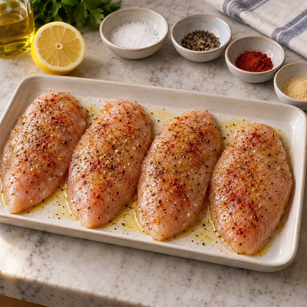 Four raw chicken cutlets evenly coated with olive oil, lemon, garlic powder, smoked paprika, salt, and pepper on a clean tray