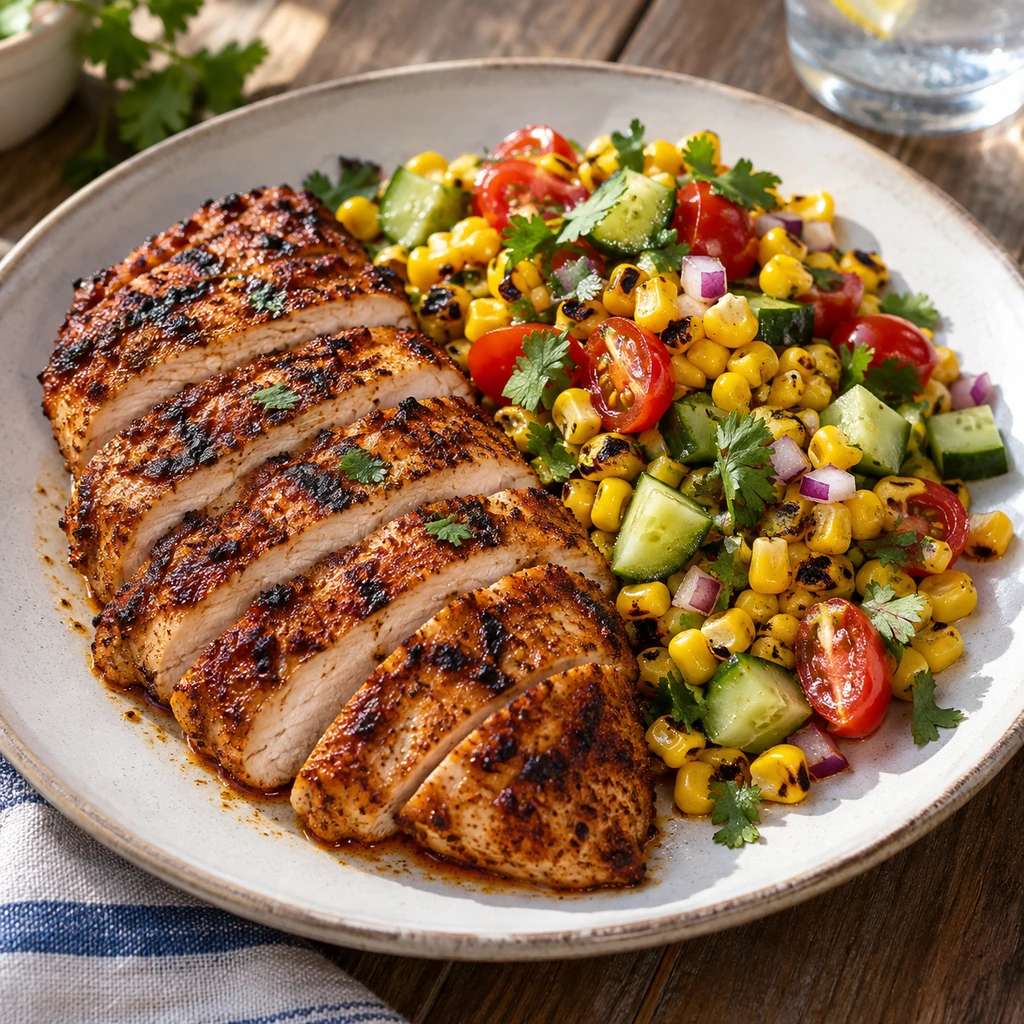 Sliced grilled chicken served beside colorful charred corn, tomato, cucumber, red onion, and cilantro salad