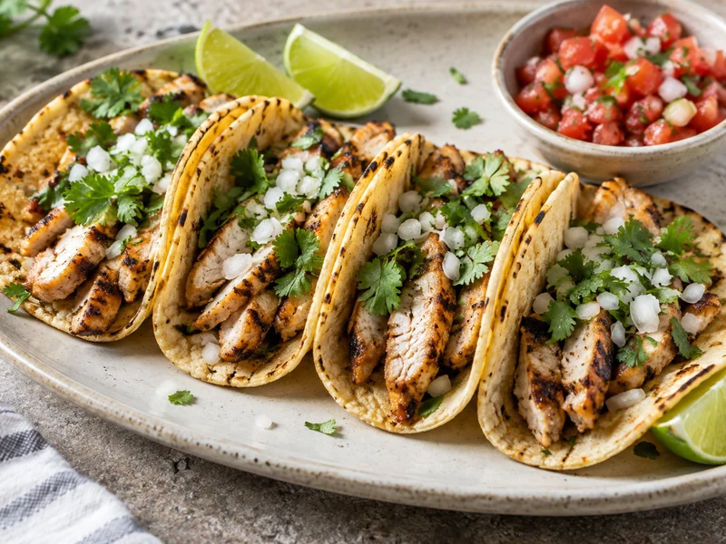 Finished grilled chicken street tacos with onion, cilantro, lime and salsa