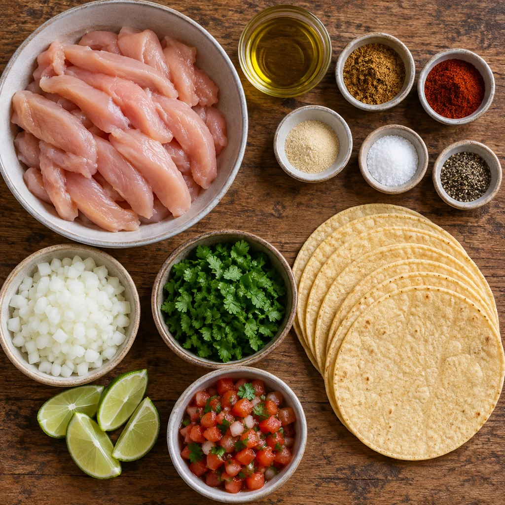 Chicken, corn tortillas, spices, cilantro, white onion, lime and salsa for street tacos