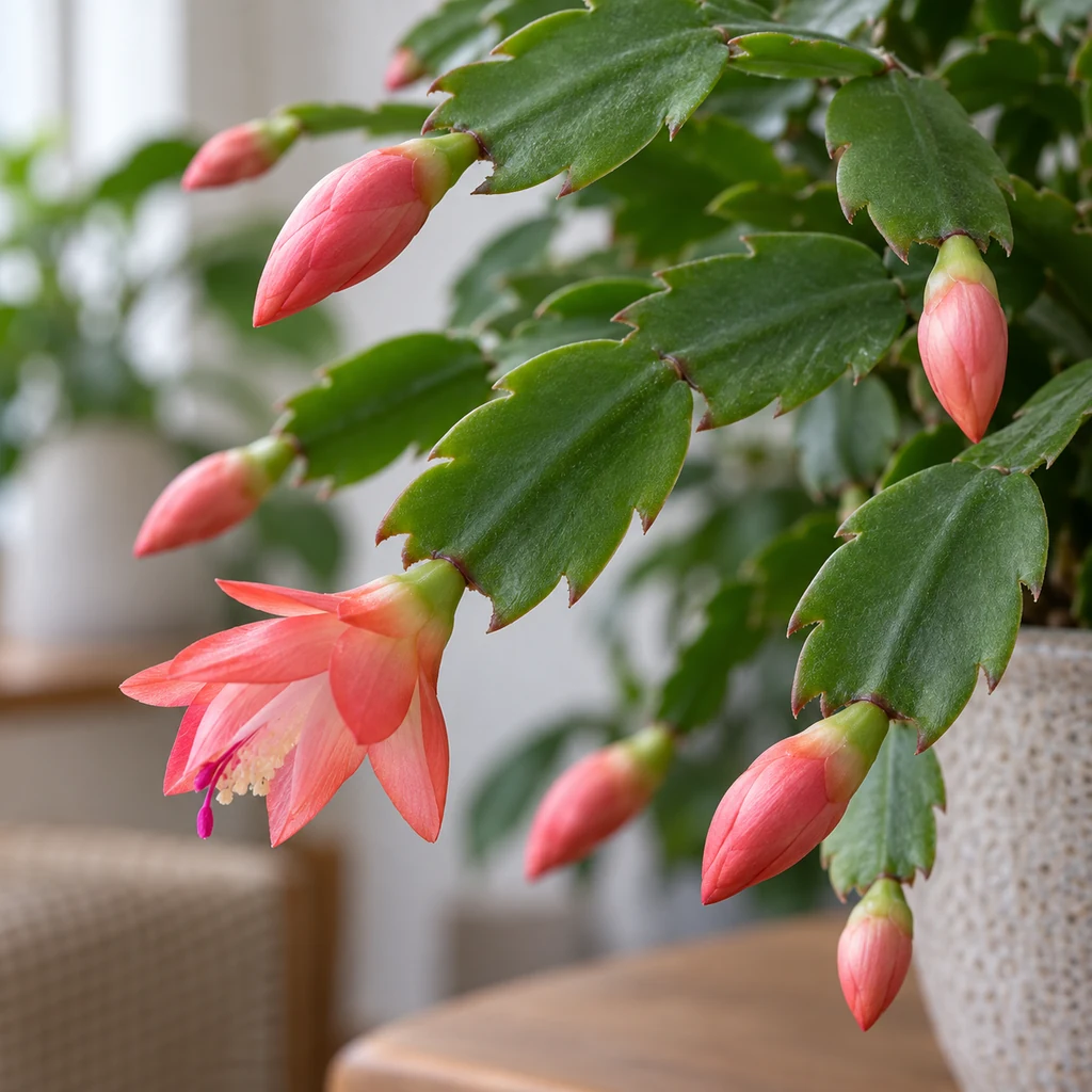 Healthy coral buds attached to firm green holiday cactus stem tips