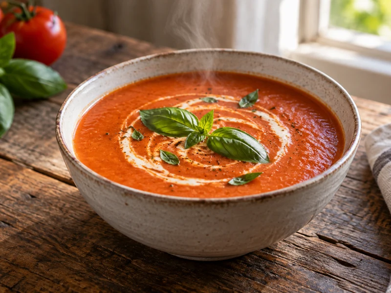 Bowl of smooth creamy tomato basil soup with a cream swirl and fresh basil