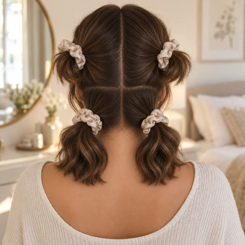 Shoulder-length hair divided into four loose sections with satin scrunchies