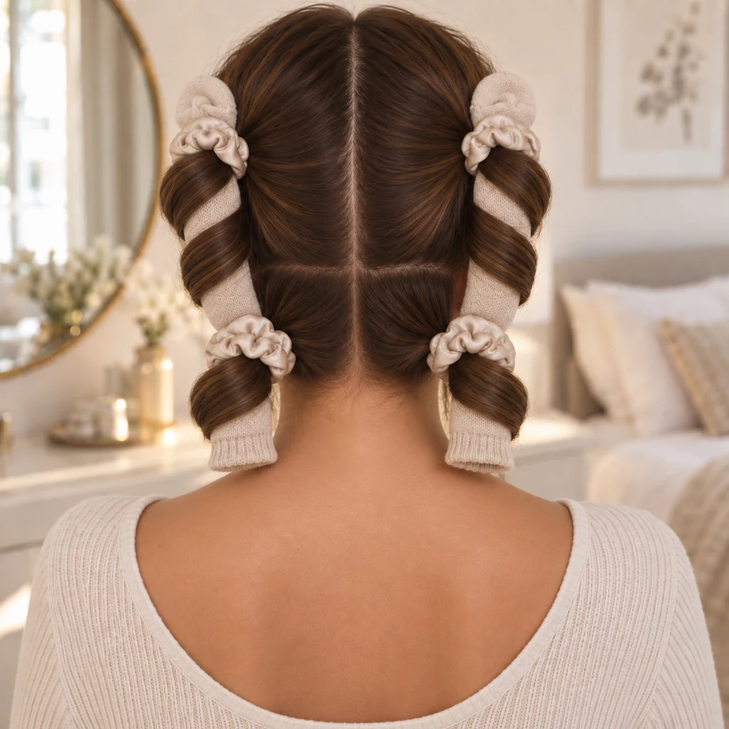Complete four-sock heatless curl setup secured with satin scrunchies