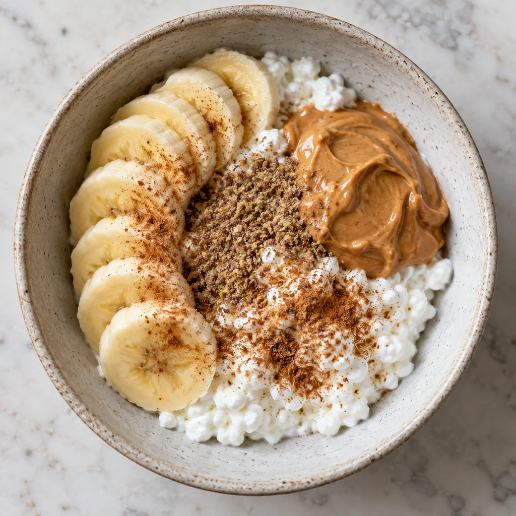 Cottage cheese breakfast bowl topped with sliced banana, natural peanut butter, ground flaxseed, and cinnamon
