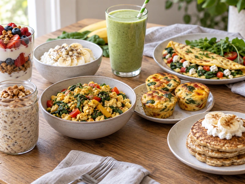 Eight high-protein breakfast ideas including yogurt parfait, cottage cheese bowl, smoothie, omelet, overnight oats, tofu scramble, egg muffins, and oat pancakes