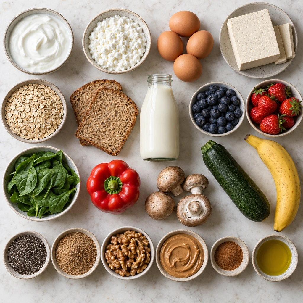 Greek yogurt, cottage cheese, eggs, tofu, oats, berries, spinach, nut butter, chia seeds, whole-grain toast, and milk arranged for high-protein breakfasts