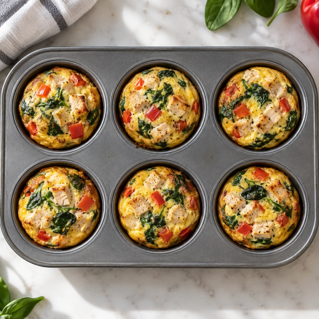 Six baked egg muffin cups with cooked lean turkey, spinach, and red bell pepper in a muffin tin
