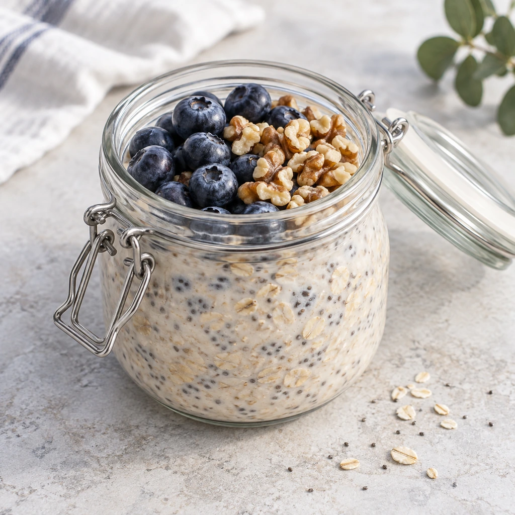 Jar of overnight oats with Greek yogurt, chia seeds, fortified milk, blueberries, and chopped walnuts