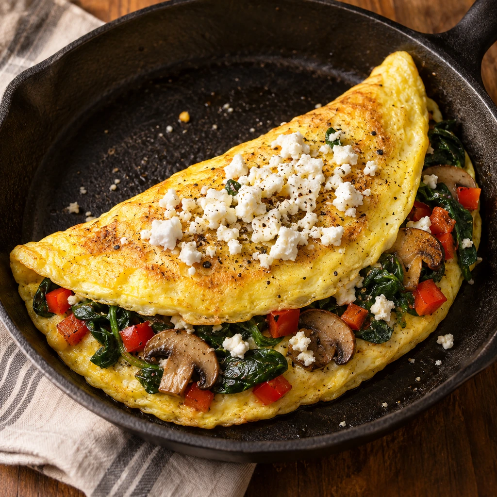 Two-egg omelet filled with spinach, mushrooms, red bell pepper, and crumbled feta in a skillet