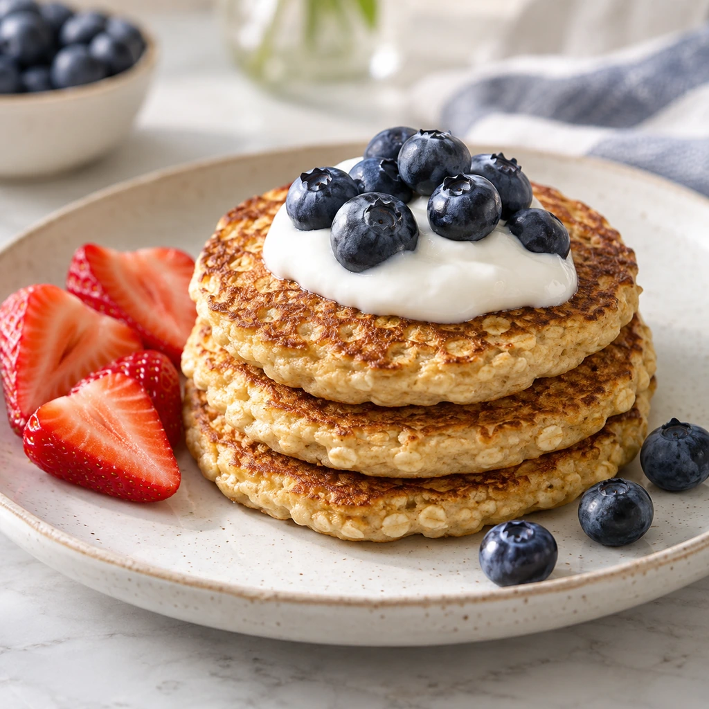Stack of small cottage cheese oat pancakes topped with plain Greek yogurt and fresh berries