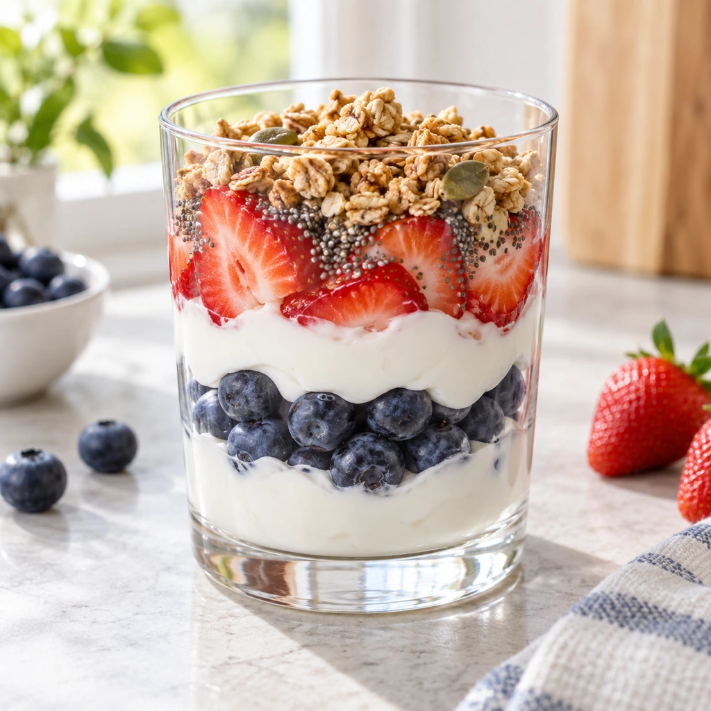 Plain Greek yogurt layered with blueberries, strawberries, chia seeds, and a small amount of granola in a clear breakfast glass