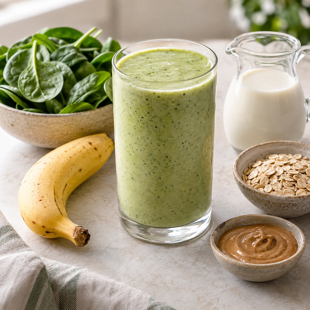 Creamy banana protein smoothie beside measured fortified soy milk, banana, spinach, oats, and nut butter