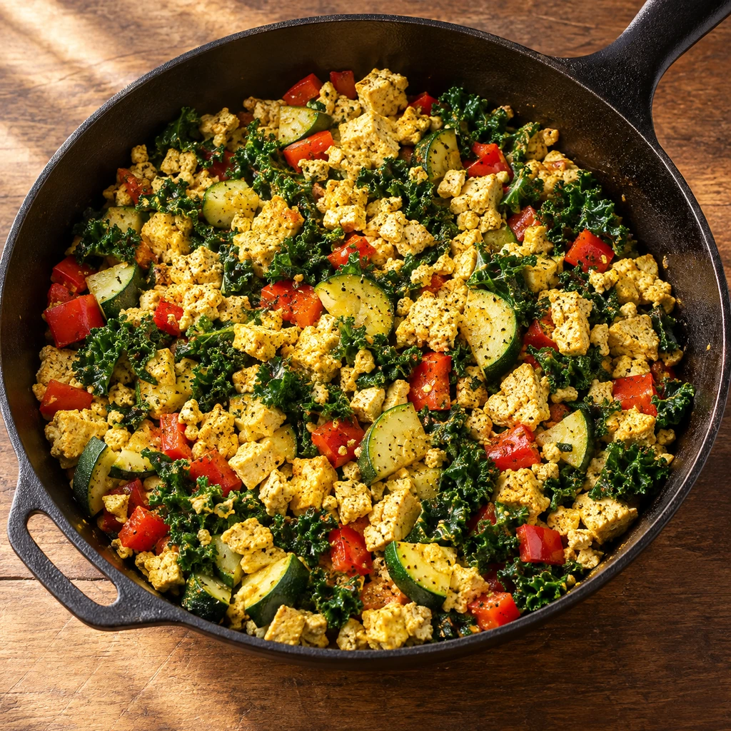 Golden tofu scramble with kale, zucchini, red bell pepper, turmeric, and black pepper in a skillet