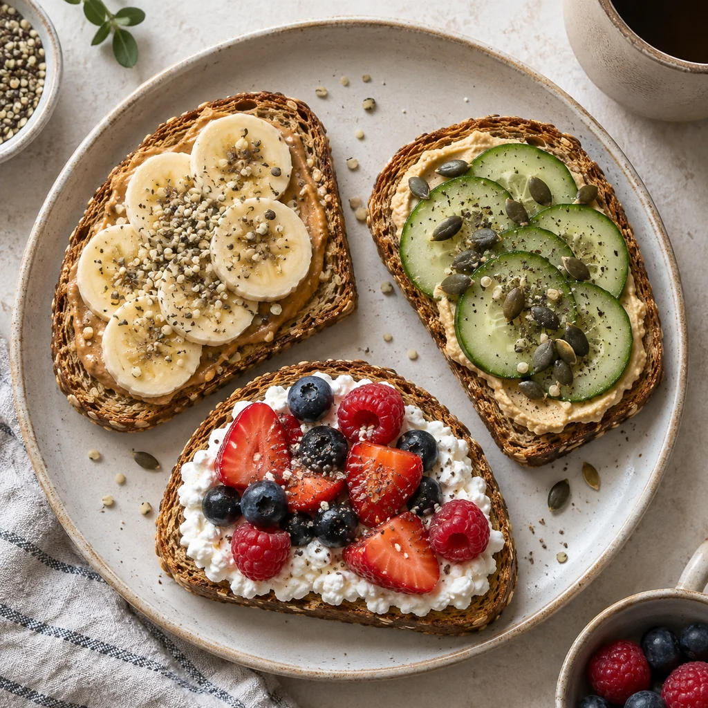 Three high-protein toast combinations with nut butter, hummus, and cottage cheese.